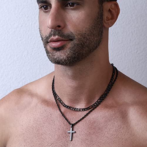 P.BLAKE 2 Pcs Cross Necklace With Chain for Men Boys, Layered Mens Stainless Steel Figaro Link Rope Chain 16-24 Inch Christian Religious Cross Pendant Necklaces Jewelry Gifts