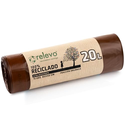 Relevo 100 % sacos de lixo reciclados, extra resistentes 20 l, 15 sacos com auto-fecho