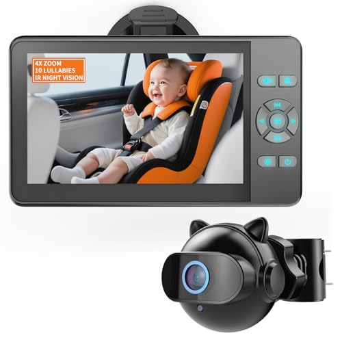 Xroose Baby Car Camera with 4X Zoom,10 Lullabies 4.3'' HD 1080P Rear Facing Carseat Mirror 3 Min Easy Install Auto IR Night Vision 360° Adjustable Clear Wide View Car Camera for Baby,Newborns,Pets