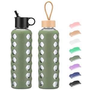MUKOKO Glass Water Bottles, 24oz Glass Tumbler, Drinking Bottles with 2 Lids-Handle Flip Straw Lid&Bamboo Lid, Motivational Water Bottle with Time Marker and Silicone Sleeve, Leakproof-1 Pack-Olive