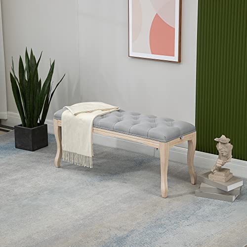 Homcom 43" Upholstered Entryway Bench, Linen Fabric Ottoman Stool With Button Tufted Seat, And Rubber Wood Legs For Living Room, Bedroom, Or Hallway, Grey #TOP1