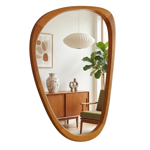 Image of Solid Wood 36x24 Warm Walnut Irregular Bathroom Vanity Wall Mirror | Warm organic tone softens Japandi bathrooms, over-sink vanities, powder rooms, dresser walls, modern organic rooms