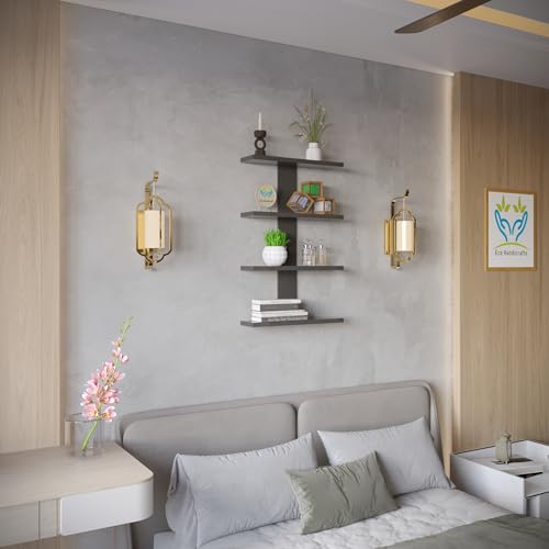 Image of Wooden Wall Mounted Floating Rack Shelves Book Stand Display Hanging Shelf Living Room Bedroom Storage Home Office for Decoration Showcase (Black)