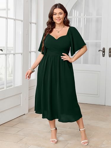 Image of SHESTARR Women's Plus Size Midi Dress Sweetheart Neck Short Sleeve Wedding Guest Cocktail A Line Flowy Dress