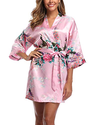 Women's Kimono Robe Satin Printing Peacock Blossoms Pink Short Floral Bridesmaids Robe Nightgown Sleepwear for Wedding Party Gift, Size M