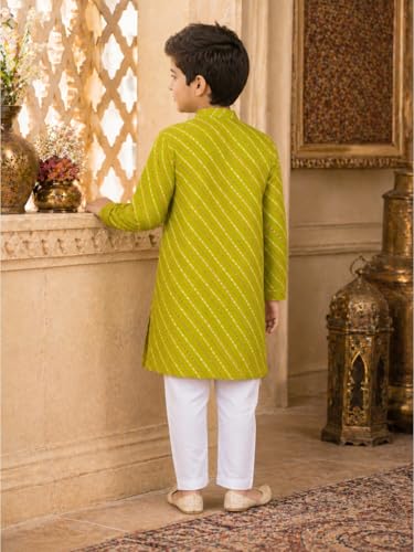 Image of superminis Cotton Boys Sanganeri Lehariya Printed Kurta Set with White Pyjama Elastic Closure