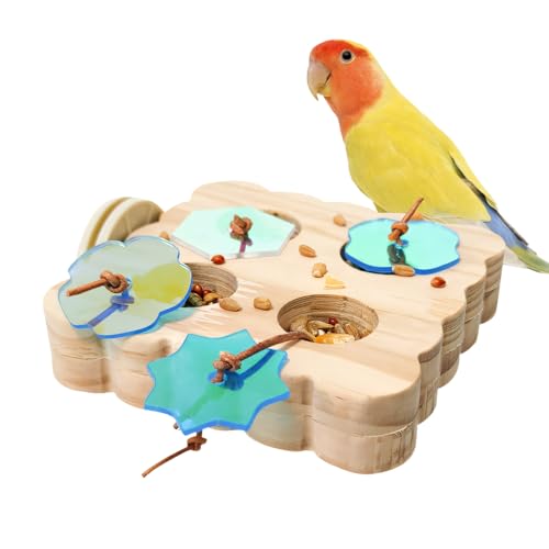DONGKER Wooden Bird Foraging Puzzle Toys,Multiple Uses Parakeet Feeder Perches Stand with Custom Acrylic Lid for Macaw Sun Conure Small Sized Birds - image 8