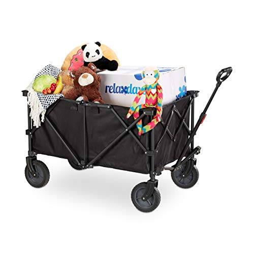 Preisvergleich Produktbild Relaxdays Bollerwagen faltbar, Verstellbarer Griff, strapazierfähiges PVC, 360° drehbar, Handwagen Gummireifen, schwarz