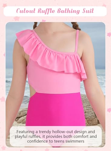 Image of Alakuoti Girls One Piece Swimsuits Cutout Ruffle Bathing Suit Quick Dry Beach Swimwear with Adjustable Strap 5-14 Years