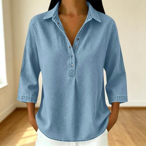 Denim Button Down Shirt Women 3/4 Sleeve Oversized Collared Jean Shirt - image 2