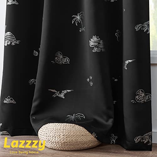 Lazzzy Dinosaur Black Blackout Curtains Thermal Insulated Curtains For Baby Teen Boys Room Kids Bedroom Silver Foil Cartoon Dino Print Grommet Nursery Curtains 63 Inch Length 2 Panels Set Black #TOP7