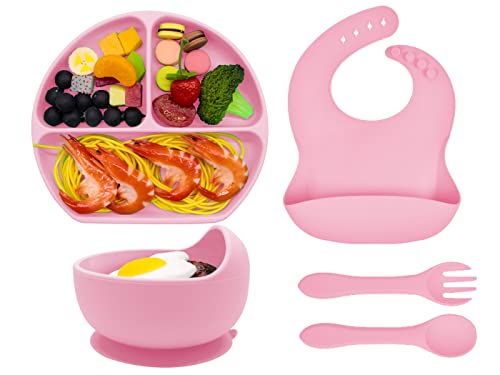 Hoseay Assiette Bébé Set Enfants Silicone Vaisselle Kit avec Ventouse Assiette Bol Bavoir Cuillere Fourchette 5 Pièces Bebe Garçon Fille Coffret Repas Sans BPA, Lave Vaisselle et au Micro Ondes, Rose Cover