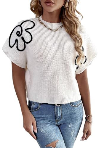 Elegant Floral Embroidered Sweater Tee in White - Short Sleeve
