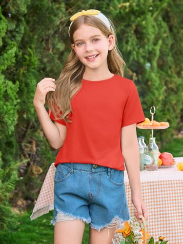 Image of Haloumoning Girls Summer Short Sleeve Shirt Kids Crewneck Curve Hem Soft Tunic Tops T-Shirts 5-14 Years