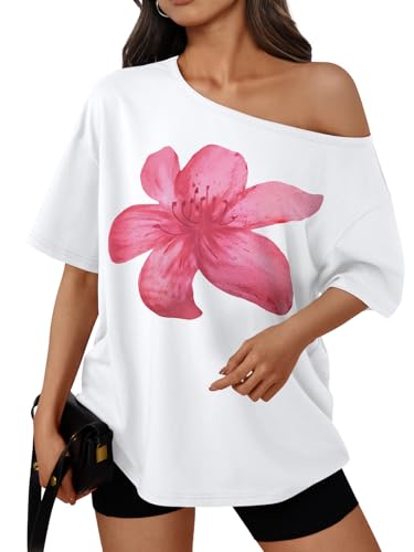 Image of Trendy Queen Womens Off the Shoulder Tops Oversized Summer T-Shirts 2026 | Breathable Strenchy Comfort Material Short Sleeve Basic Oversized Tees Casual Workout Gym Y2k Going Out Clothes