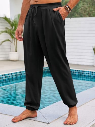 Runcati Mens Casual Pants Elastic Waist Linen Drawstring Pleated Lightweight Joggers Loose Fit Summer Beach Yoga Trousers3