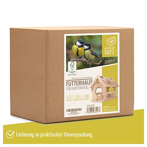 wildtier herz I Vogelfutterhaus M Handarbeit aus Natur-Holz für Gartenvögel wetterfest, naturbelassen I 30cm x 23.5cm x 20cm | Vogelhaus zum Aufhängen im Garten und Balkon