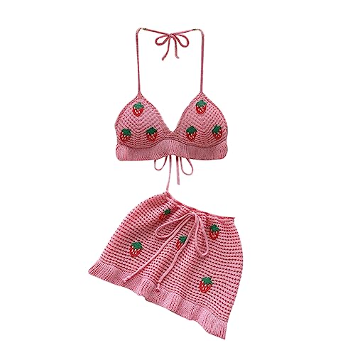 Women Crochet Knitted Two Piece Outfit Hollow Out Bikini Halter Top and Mini Skirt Swimsuit Beach Cover Up Set