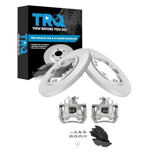 Image of TRQ Rear Brake Pad and Rotor Set Semi Metallic Coated Rotors Calipers Compatible with 2015-2019 Ford Transit-350 HD