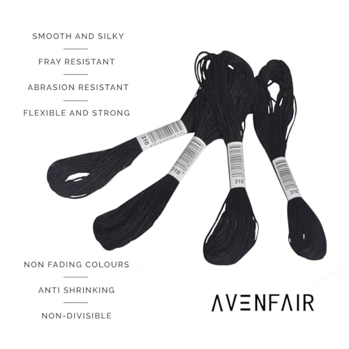 Avenfair Embroidery Threads 12 Skeins per Pack, Multi Color Embroidery Floss, Cross Stitch Thread, Friendship Bracelet Threads, with Free Needles, Floss Bobbins (12 Skeins Black)