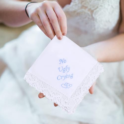 Image of HOULIFE Wedding Handkerchiefs for Bride Something Blue Bride Groom Gift | Soft Material, Breathable & Durable, Handkerchief for Bride on Wedding Day, Lace Edge