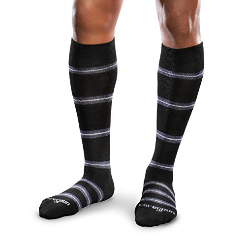 Core-Spun Mild 15-20mmHg Support Merger Knee High Socks (Black-Navy & Grey Stripe