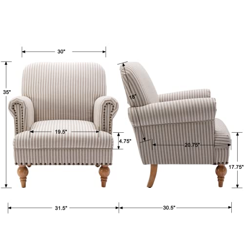 Linen-Accent-Chair-Mid-Century-Modern-Living-Room-Armchair-with-Nailhead-Trim-Wood-Legs-Comfy-Upholstered-Single-Sofa-Chair-for-LoungeBedroomReception-Khaki-Stripe Linen Accent Chair Mid Century Modern Living Room Armchair with Nailhead Trim Wood Legs Comfy Upholstered Single Sofa Chair for LoungeBedroomReception Khaki Stripe