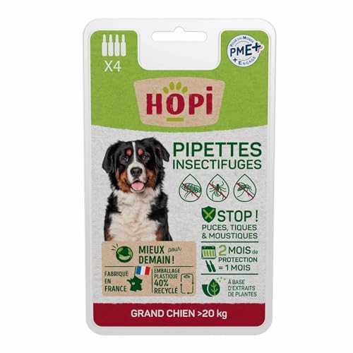 HOPI Pipette Anti Puces Chien Plus de 20 kg - 4 Mois de Protection - Idéal pour repousser Les Puces, Les Tiques et Les Moustiques - Extraits de Plantes - Fabriqué en France