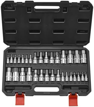 VEVOR Hex Bit Socket Set, 32-Piece, S2 Alloy Steel and Cr-V Steel, Standard SAE and Metric, 1/4 in, 3/8 in, 1/2 in Drives, with Enhanced Storage Case, Allen Socket Set for Mechanics, Auto Repair