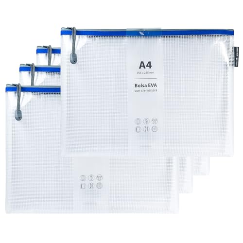 Grafoplas Pack de 4 Bolsas con Cremallera EVA a4, Hechas con Goma EVA Transparente con Cremallera Azul, Perfecta para Transportar y Proteger Todo Tipo de Artículos, Documentos, Cosméticos o Puzzles