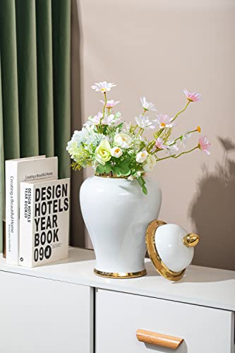 Galouro White Ginger Jar With Gold Trim, Ginger Jar Vase Decor For Centerpiece Table Decorations,Living Room Decor, Shelf Decor,15Inches #TOP3