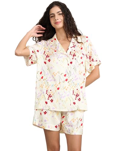 Image of YiNi LuLu Womens Silk Satin Shorts Pajamas Set Button Down 2 Piece Pjs Short Sleeve Oversized Sleepwear with Pockets