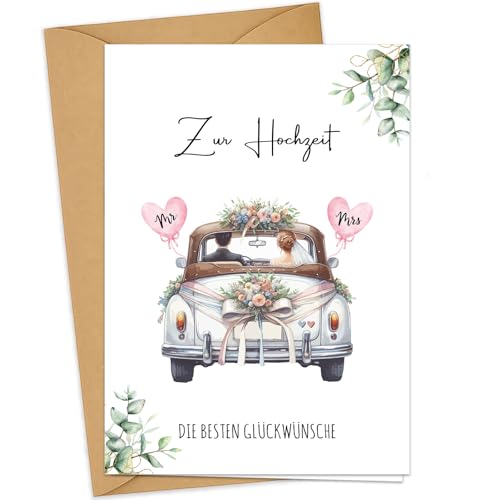 JOYEASE Premium Hochzeitskarte mit Umschlag aus Kraftpapier - Hochzeitsauto Karte Hochzeit - Glückwunschkarte zur Hochzeit Wedding