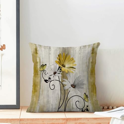 Sorktse Yellow Pillow Covers 18x18 Inch Set of 2 Vintage Yellow White Daisy Floral Throw Pillows Spring Summer Flower Butterfly Pillowcases Linen Outdoor Decor Cushion Covers for Sofa Couch — view 3