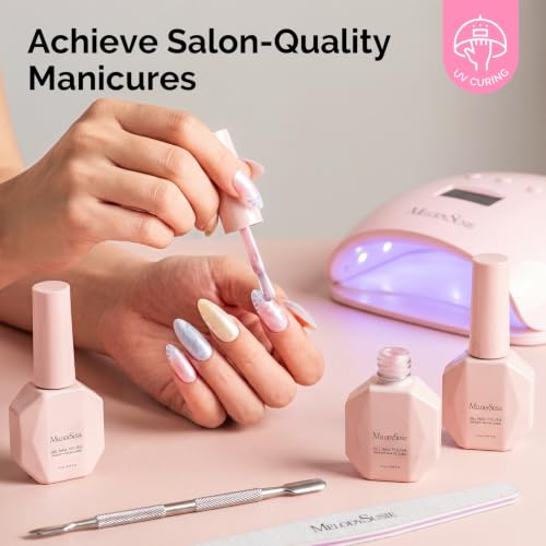Image of MelodySusie Pearl Gel Nail Polish Set, 6 Colors Pastel Macaron White Green Pink Purple Blue Yellow Iridescent Drawing Glitter Gel Polish Soak Off Swirl Shell Thread Effect Nail Art Gifts for Women