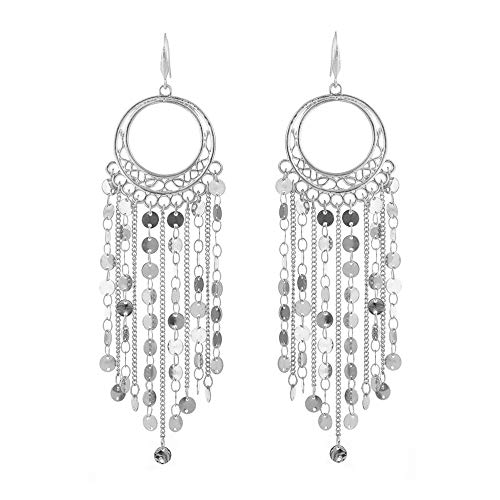 Bohemian Boho Tassel Dangle Drop Earrings for Women – Lightweight Filigree Gypsy Coin Chandelier Disc Charm Hoops – included Gift Box