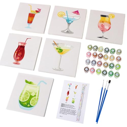 Pintura de cócteles por números de 6 piezas para vencer el estrés con arte acrílico fácil
