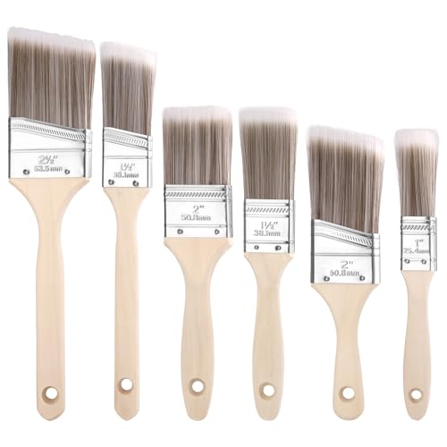 6 Pc Cutting In Paint Brush, Paint Brushes Set, Angled Flat Paint Brushes Decorating Gloss Paint Brush Set Wall Stain Paint Brushes for Decorating Walls Furniture Painting