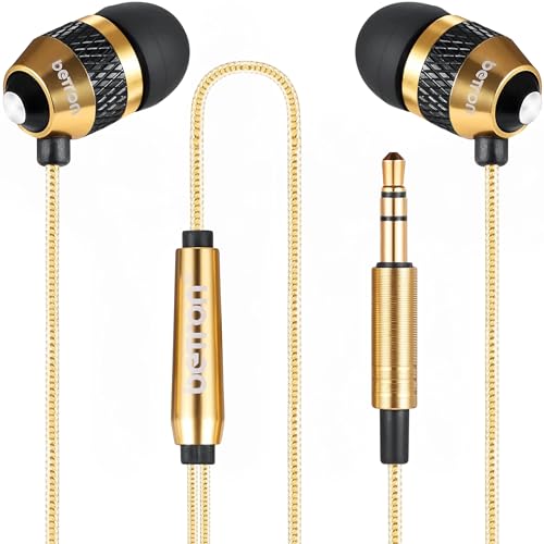Image of Betron B25 Earphones, Noise Isolating in-Ear Wired Headphones with Strong Bass, Tangle-Free Cord, Lightweight, Carry Case and Soft Earbud Tips, Gold
