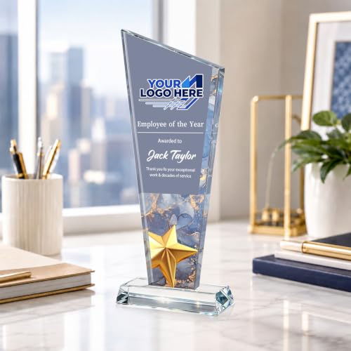 Image of Custom Crystal Trophy Award Personalized Plaque Award with Text Logo Photo Awards Trophies for Employee Recognition Team Graduation Personalized Office Gifts for Boss Coworker Teacher
