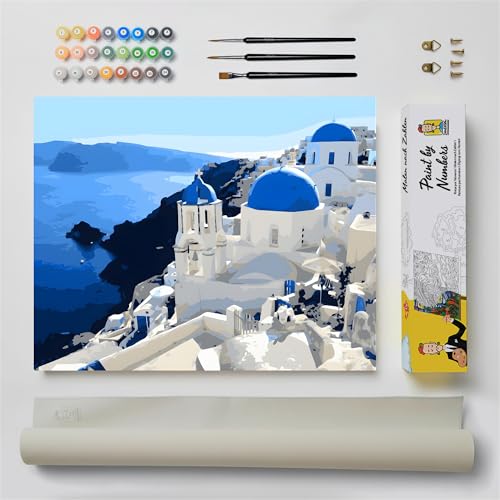 DonElton Malen nach Zahlen für Erwachsene, Landschaften – 40 x 50 cm, Malsets mit Pinseln, Acrylfarben und Leinen-Leinwand, rahmenlos – kreatives Geschenk (Santorini)