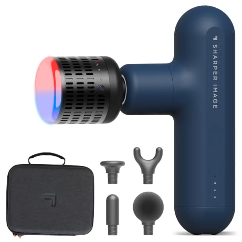 Sharper Image Deep Tissue Percussion Massage Gun Powerboost Move Evo Hot & Cold Rechargeable Handheld Massager 4 Adjustable Speeds 5 Attachment Heads & Carrying Case for Muscle Pain Relief Blue