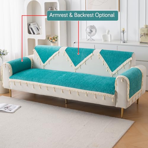Image of HOKIPO 'Serenity Tassel' Chenille Sofa Cover 3 Seater and 2 Seater with Tassels | Ocean Teal (IN-891 + IN-892 - SBL)
