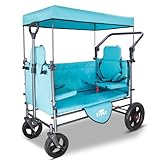 TMZ Collapsible Wagon Cart with Side-Opening Seat Conversion Design, Foldable Utility Wagon with 2 Seats, Heavy Duty Wagon 265 lbs Load Capacity (Turquoise)