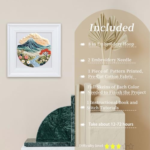 Image of FONNUY Embroidery Kit for Beginners, Flower Hill Nature Landscape Pre-Stamped Pattern Kits for Adults with Hoop, Easy to Follow Color Thread Needlework, 8'' Hoop (Blue)