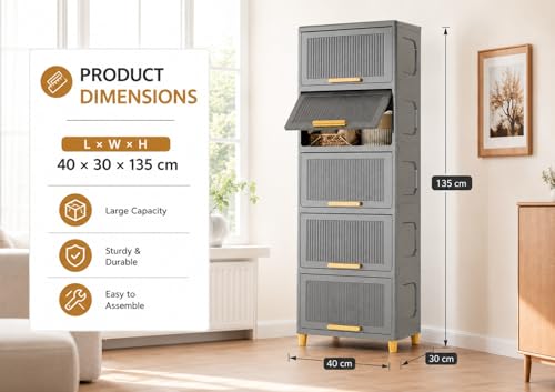 Image of YASONIC 5 π§πΆπ²πΏ Foldable Plastic Rack for Storage /Kitchen Cupboard /Versatile and Sturdy Wardrobe for Clothes /Multipurpose Storage Organizer /Closet for Bedroom /Living Room /Laundry Room (Grey)