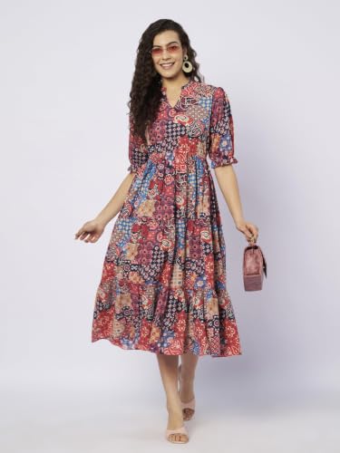 Image of PIDAVLIYA'S Women Cotton Printed Midi Dress with V Neck & Puff Sleeves | Flared A-Line Casual Summer Dress | Stylish Knee Length One Piece for Daily