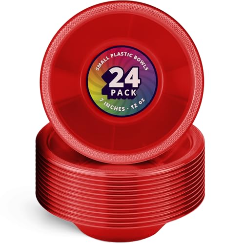 DecorRack 24 Small Plastic Bowls 7 inch Disposable 12 oz Serving Bowl Fruit Snack Popcorn Soup and Salad Kids Birthday and Holiday Party Supplies Red (Pack of 24)