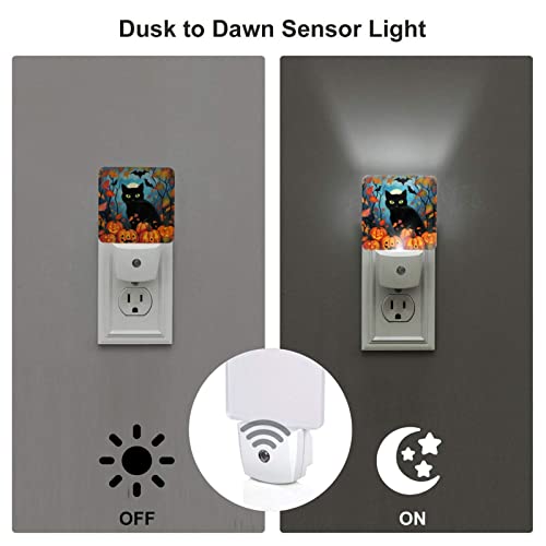 Image of Black Cat Leaves LED Plug-in Night Light 2-Pack, Auto Sensor Emergency Halloween Pumpkin Nightlights Set of 2 for Dawn Bedroom Kitchen /Dusk Bathroom /Night Stairs Hallway Toilet