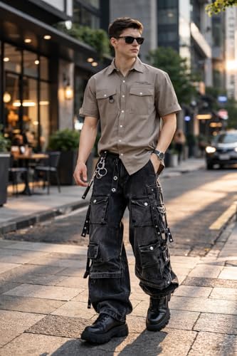 Image of ZERNY Men's Premium Utility Pocket Casual Shirt | Wrinkle Less Mechanical Stretch Fabric | Half Sleeve Relaxed Fit Button Down Shirt Polyester Blend
